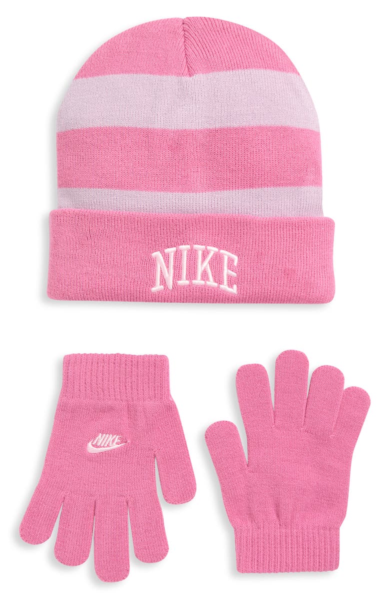 Nike Kids' Chunky Stripe Peak Beanie & Gloves Set, Main, color, Magic Flamingo