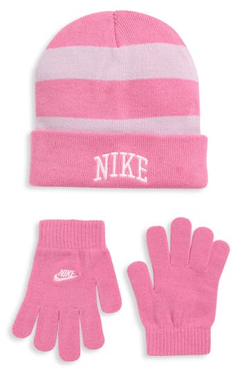 Nike Kids' Chunky Stripe Peak Beanie & Gloves Set In Pink