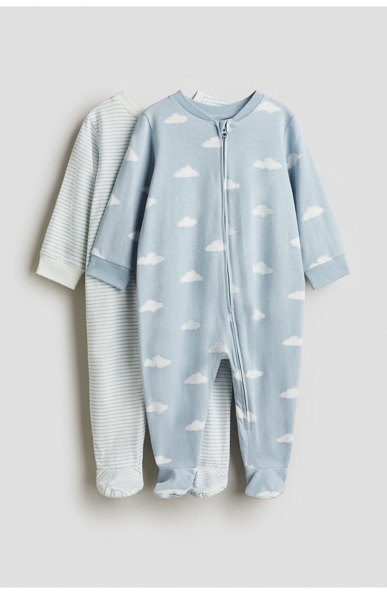 H&M 2-pack Zip-up Sleepsuits, Main, color, Light Blue/Clouds