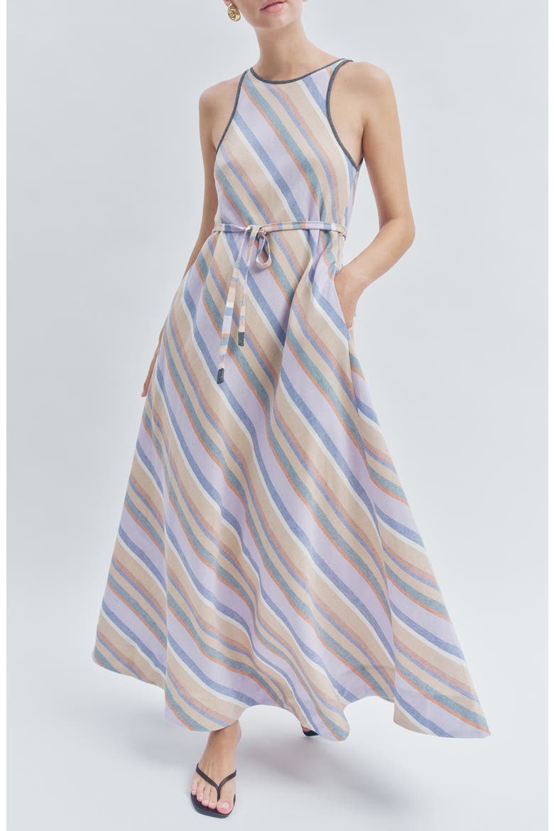 Margie Diagonal Stripe Cotton & Linen Maxi Dress, Main, color, LAVENDER STRIPE