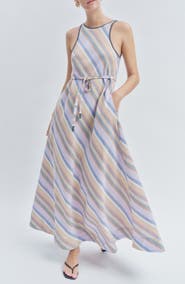 MAUDE CLUB Margie Diagonal Stripe Cotton & Linen Maxi Dress