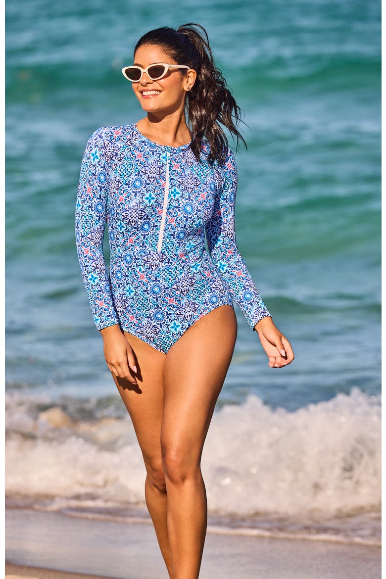 Paddle Board Chlorine Resistant One-Piece Swimsuit, Alternate, color, Grecian Tile