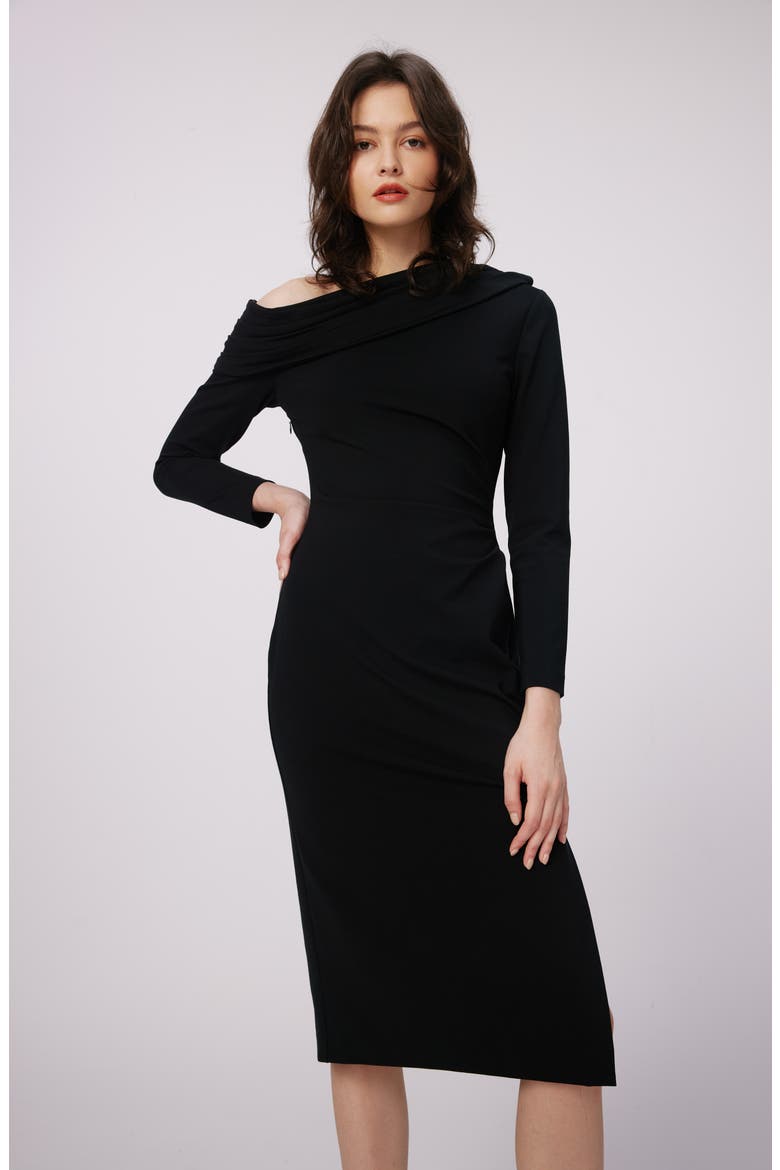 Buffy One-Shoulder Long Sleeve Dress, Alternate, color, BLACK