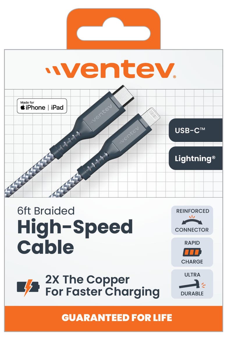 Braided USB-C to Apple Lightning High Speed 6 Foot Cable, Alternate, color, Grey