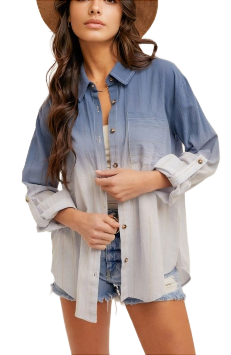 Knit and Lounge Ombre Button-Down Shirt with Roll-Tab Sleeves, Main, color, 