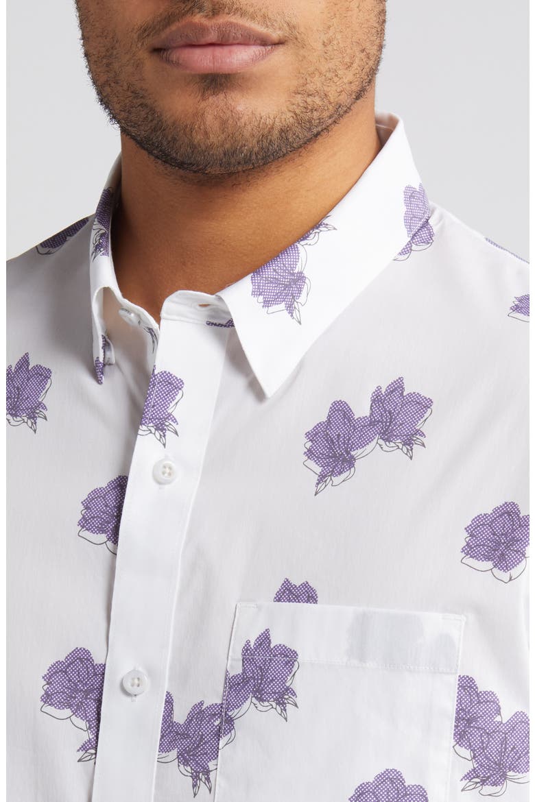 Hit The Books Floral Short Sleeve Stretch Button-Up Shirt, Alternate, color, WHITE
