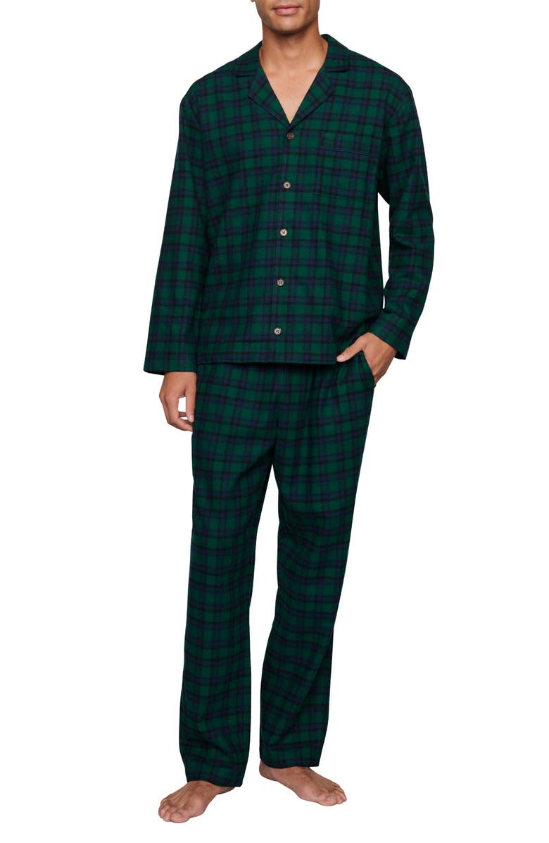 Eberjey Plaid Cotton Flannel Pajamas, Main, color, Black Watch Tartan Rainforest