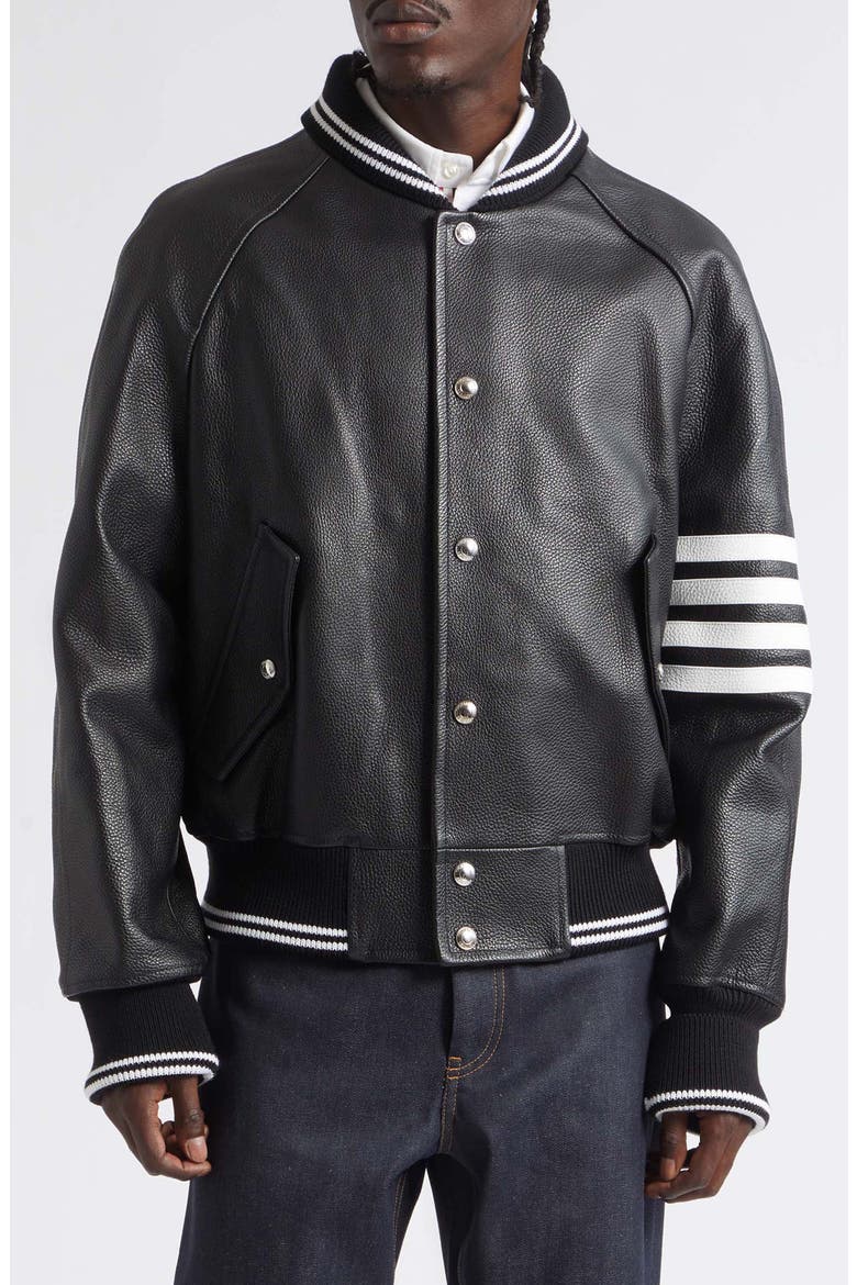 4-Bar Raglan Sleeve Leather Varsity Jacket, Main, color, BLACK