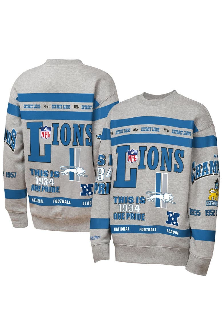 Youth Mitchell & Ness Gray Detroit Lions Throwback All-Over Print Fleece Sweatshirt, Main, color, Gray