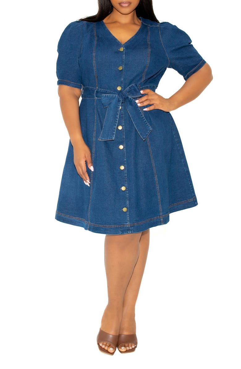 BUXOM COUTURE Puff Sleeve Tie Belt Denim Shirtdress, Alternate, color, Denim Blue