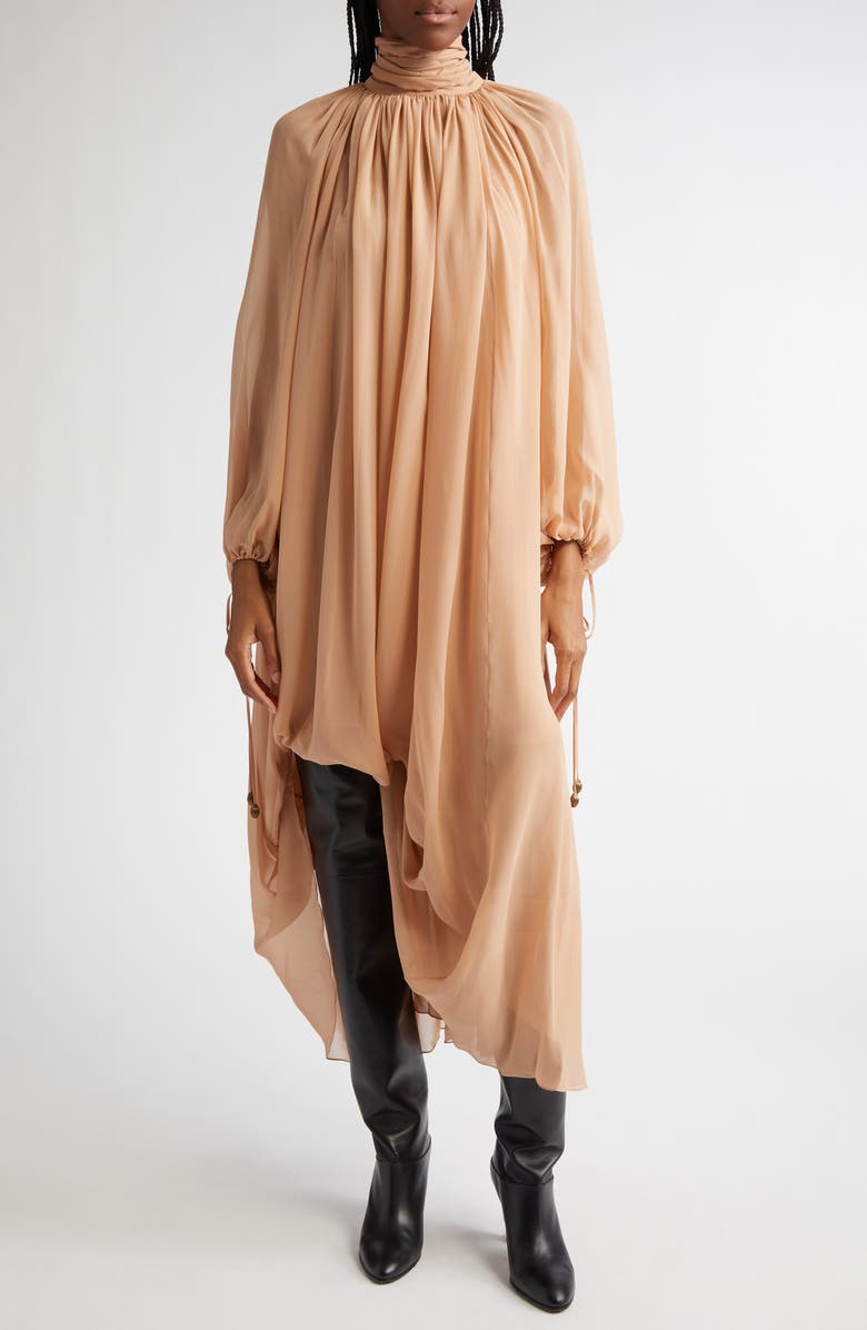 Chloé Long Sleeve Silk Georgette Dress, Main, color, Sand Brown