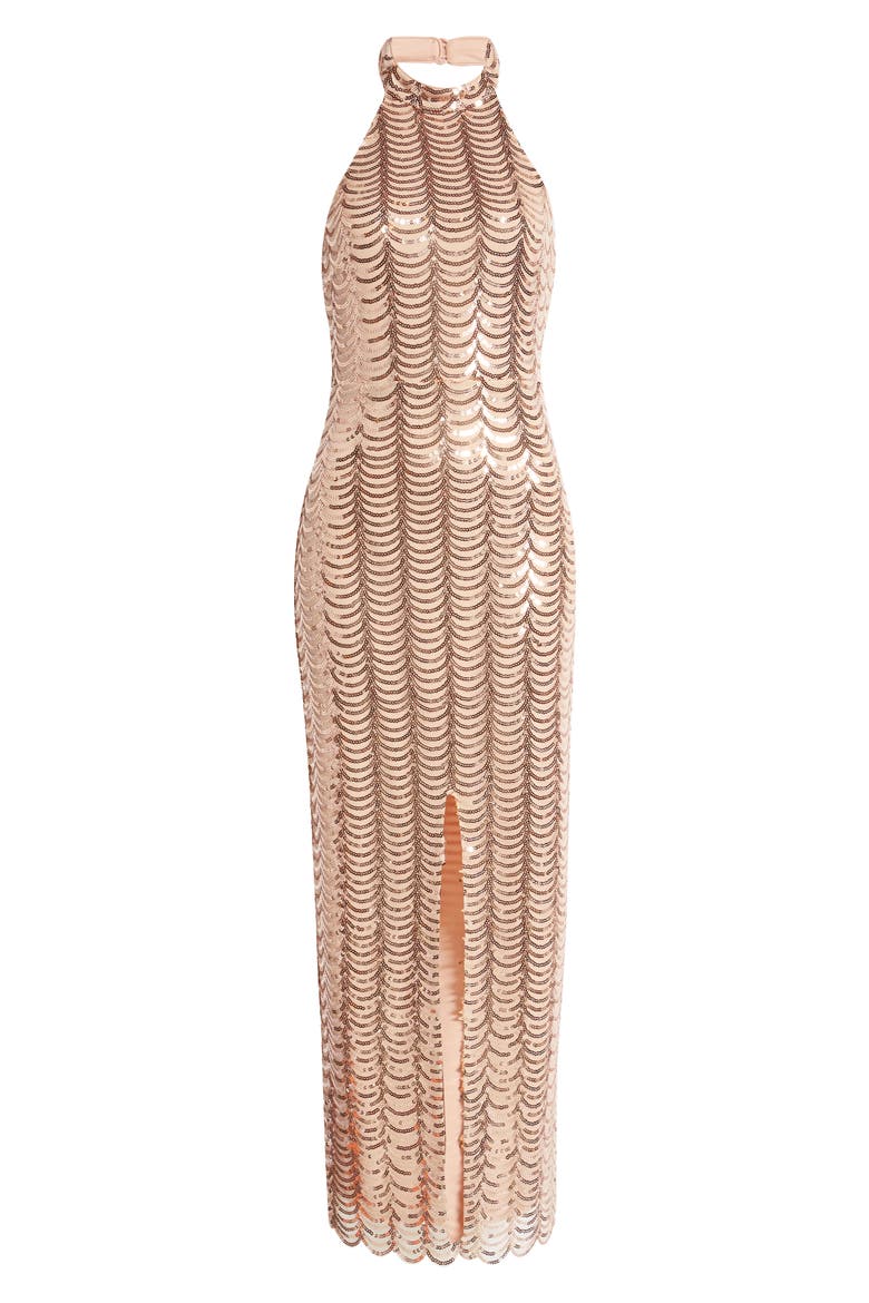 Emi Rose Sequin Halter Gown, Alternate, color, GOLD