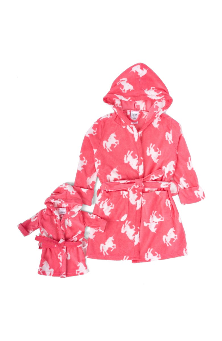 Leveret Girls Fleece Hooded Robe with Matching Doll Robe, Alternate, color, Unicorn