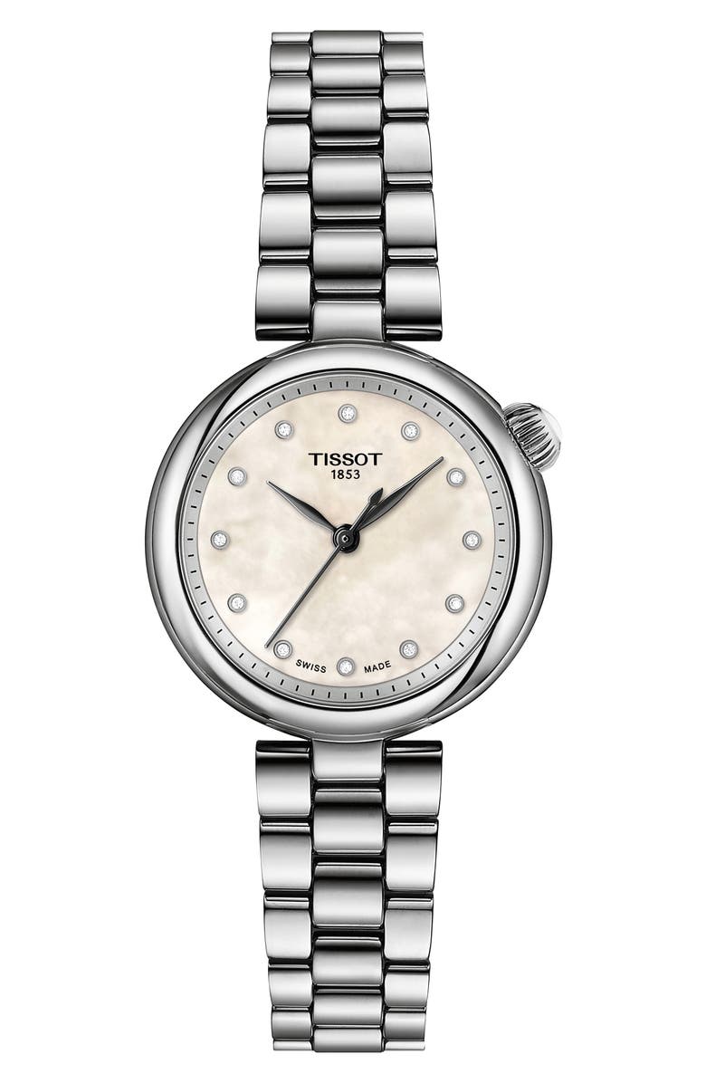 Tissot Desire Mother-of-Pearl & Diamond Bracelet Watch, 28mm, Main, color, White/Silver