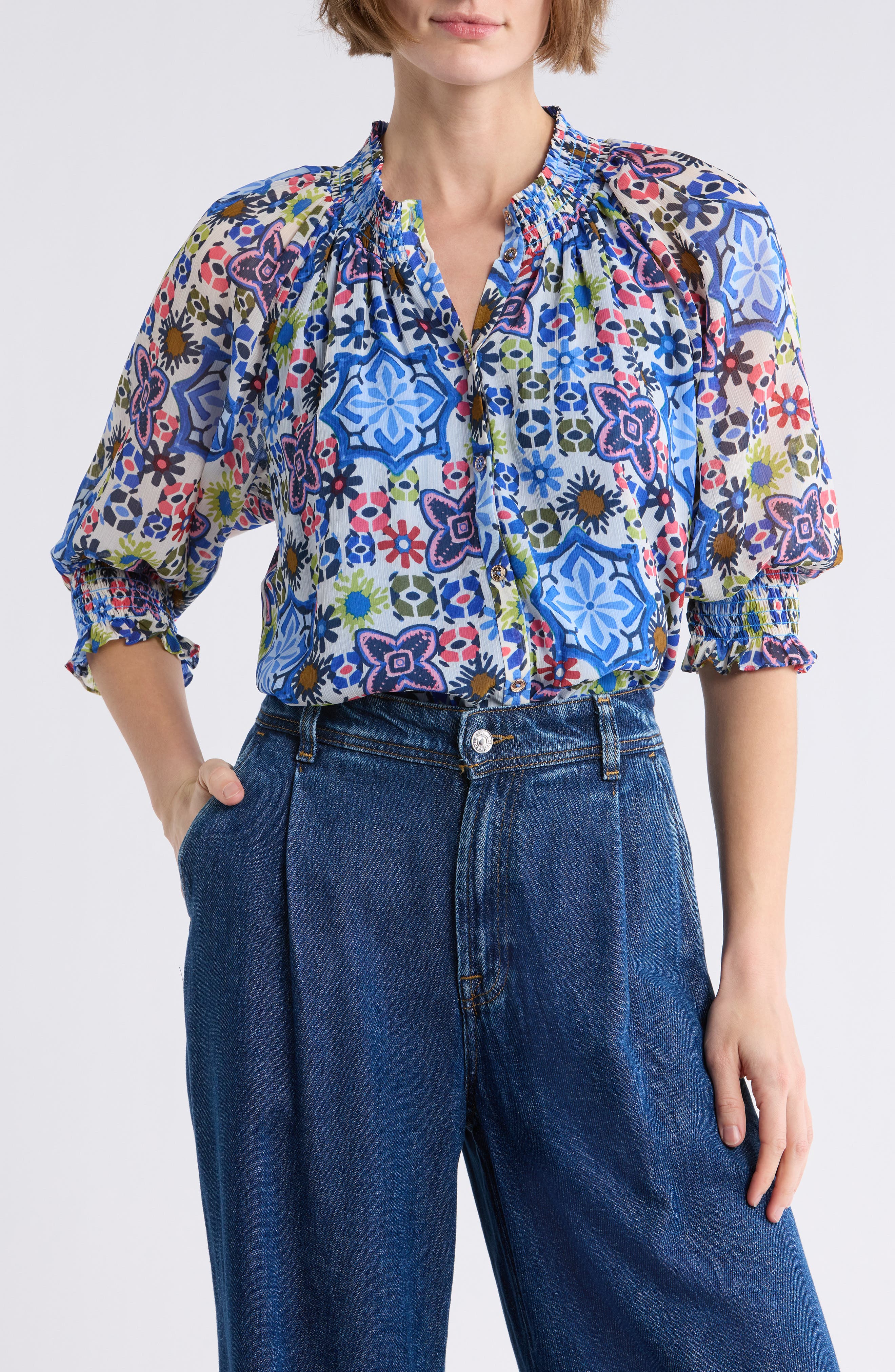 Ramy Brook Mai Smocked Button Front Top