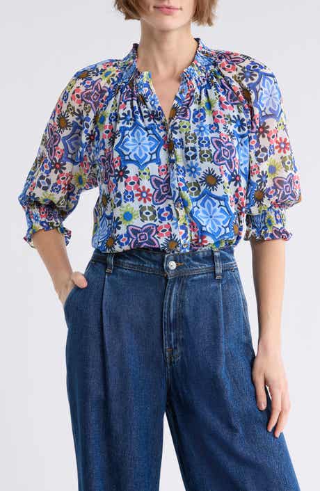 Ramy Brook Mai Smocked Button Front Top