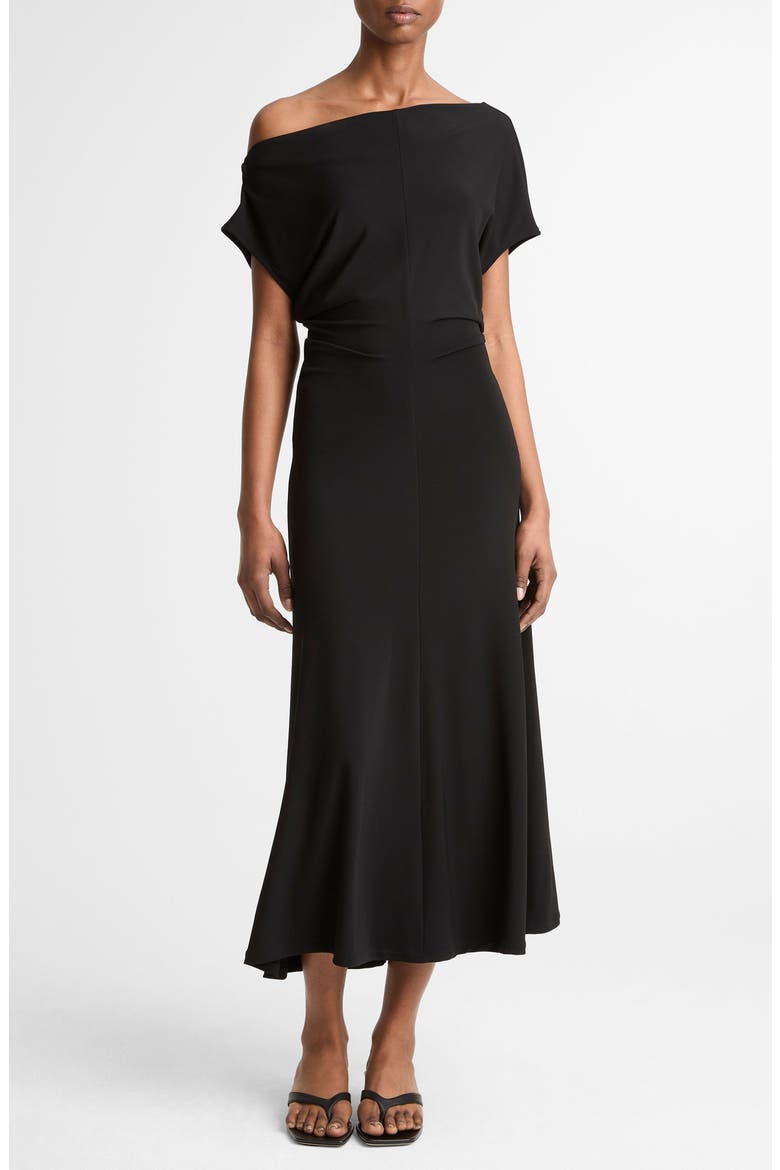 Ruched One-Shoulder Midi Dress, Main, color, BLACK