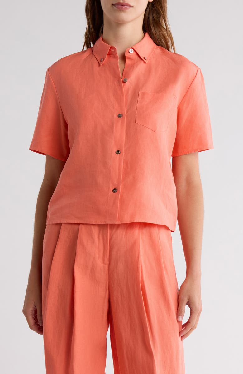 Theory Boxy Short Sleeve Linen Button-Down Shirt, Main, color, Bright Coral