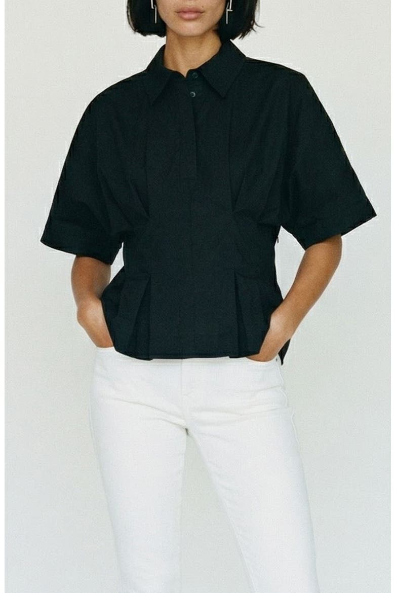 Pleated Button Half Placket Peplum Hem Shirt, Main, color, BLACK