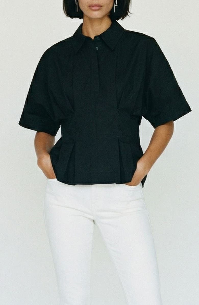 VERO MODA Pleated Button Half Placket Peplum Hem Shirt, Main, color, Black