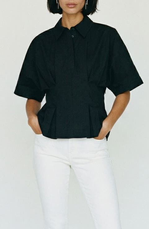 Pleated Button Half Placket Peplum Hem Shirt