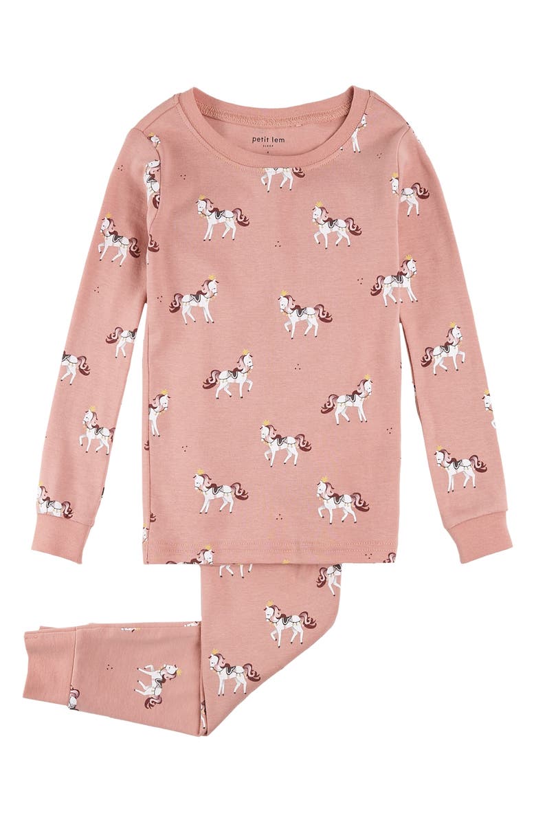 Petit Lem Kids' Royal Horses Print Fitted Organic Cotton Two-Piece Pajamas, Main, color, 