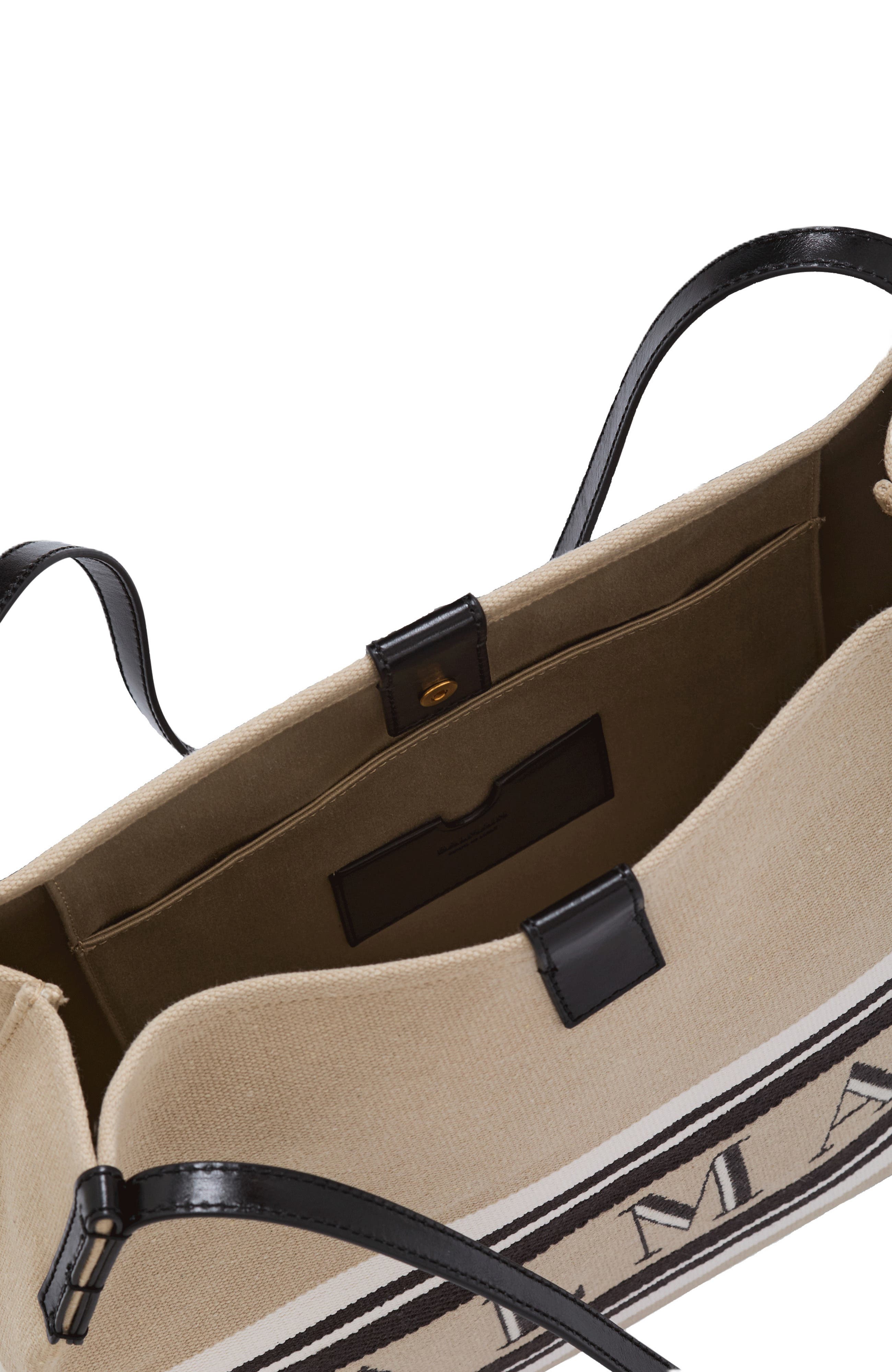 Balmain Medium Release Shopper bag in canvas and calfskin, Alternate, color, Beige