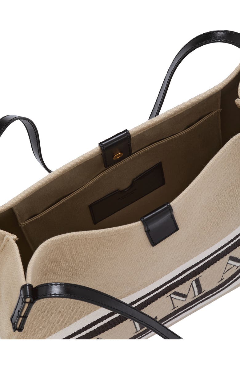 Balmain Medium Release Shopper bag in canvas and calfskin, Alternate, color, Beige