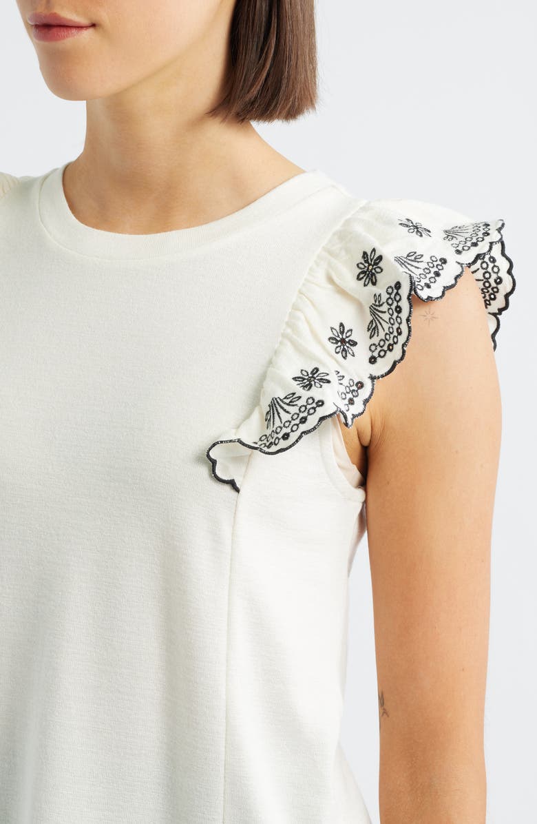 Bobeau Embroidered Ruffle Cuff Top, Alternate, color, Ivory