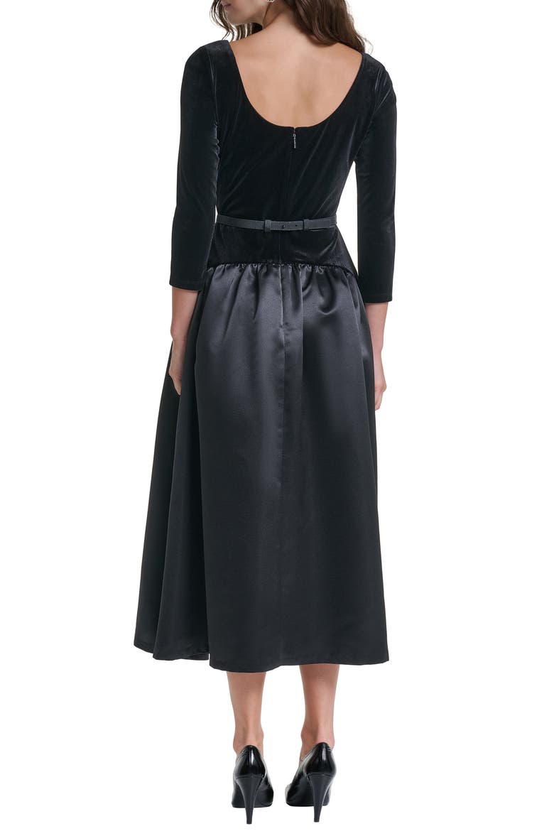 Belted Stretch Velvet & Satin Midi Dress, Alternate, color, BLACK