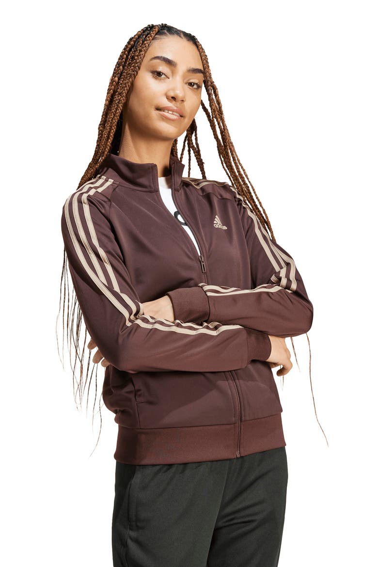 Essentials 3-Stripes Recycled Polyester Track Jacket, Alternate, color, SHADOW BROWN/ BLANCH CARGO