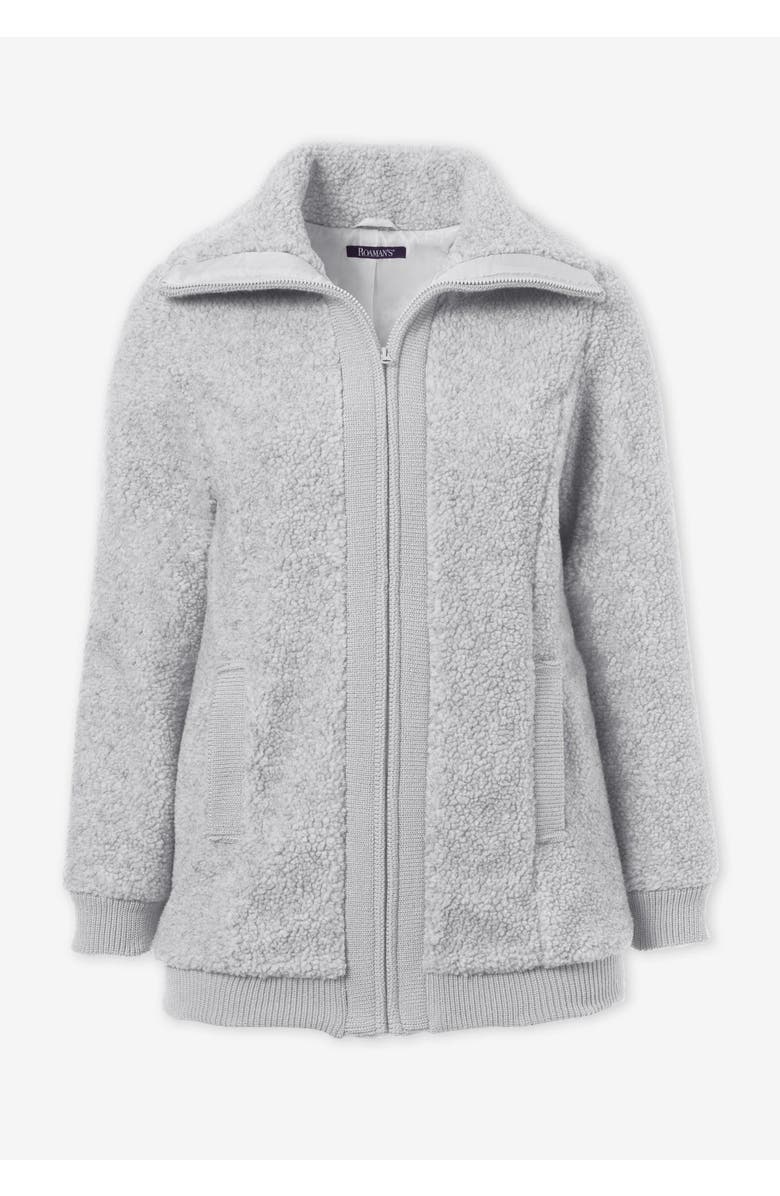 Roaman's Plus Size High Collar Teddy Fleece Bomber, Alternate, color, Black