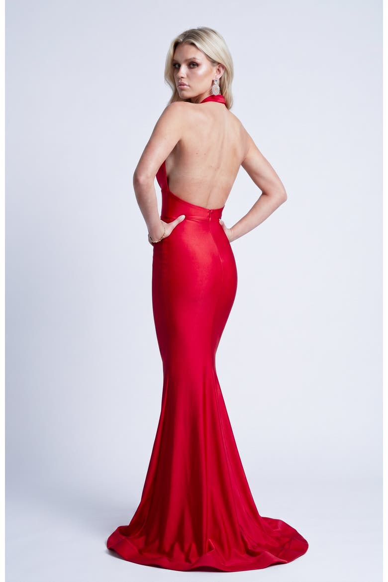 Plunge Gathered Halter Mermaid Gown, Alternate, color, Red