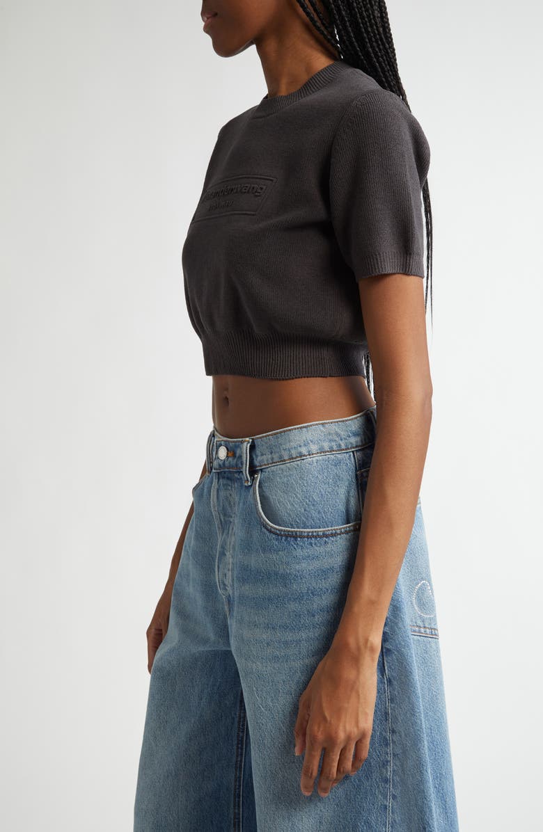 Alexander Wang Embossed Logo Short Sleeve Crop Sweater, Alternate, color,