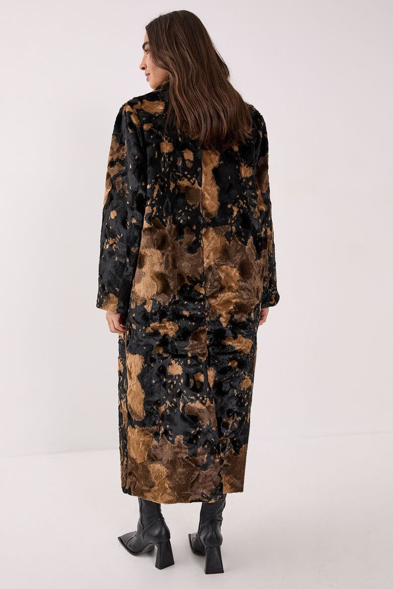 Cow Print Faux Fur Longline Coat, Alternate, color, Brown