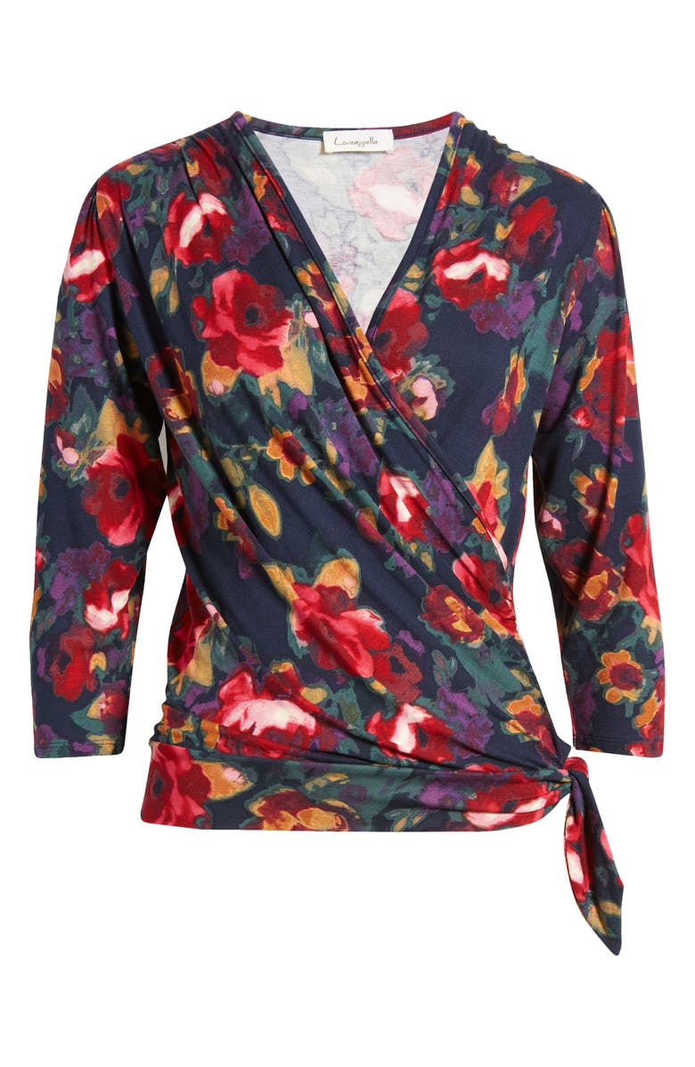 Loveappella Floral Print Faux Tie Wrap Top, Alternate, color, Blue Multi