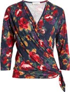 Loveappella Floral Print Faux Tie Wrap Top