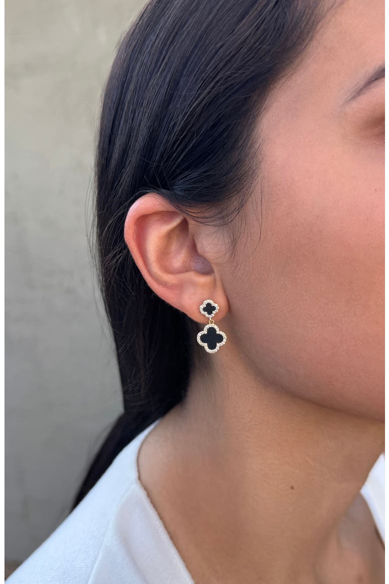 Pavé CZ Double Clover Drop Earrngs, Alternate, color, GOLD-BLACK
