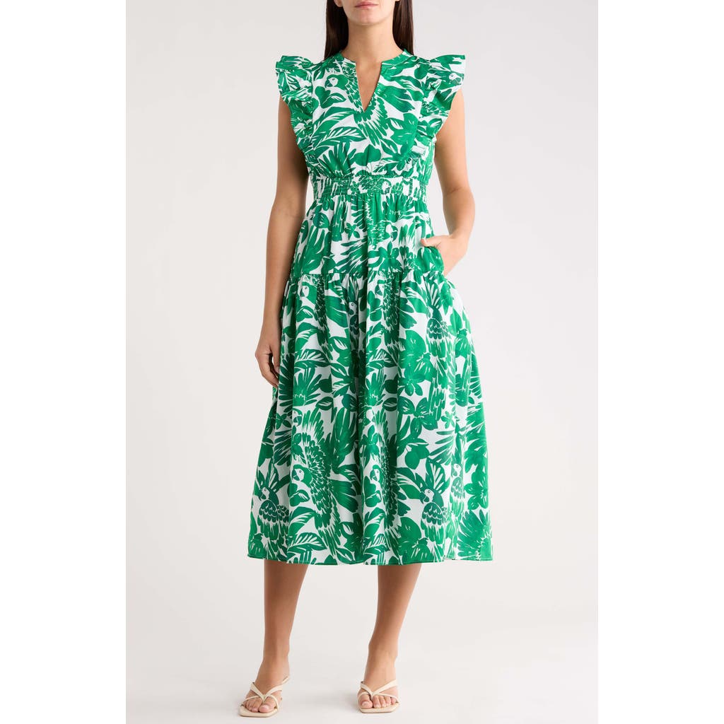 SUGARLIPS Masey Tropical Virna Ruffle Midi Sundress in White-Greens at Nordstrom, Size Medium