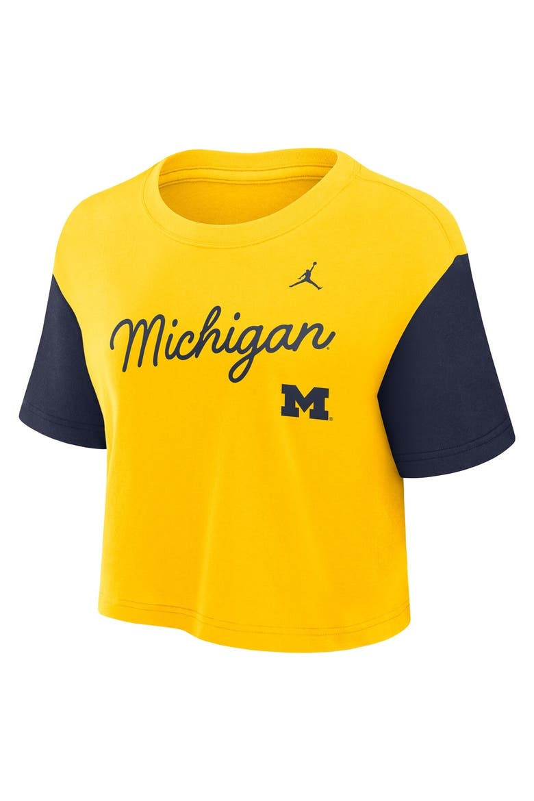 Women's Jordan Brand  Maize/Navy Michigan Wolverines Color-Block Script Dri-FIT Cropped T-Shirt, Alternate, color, Maize
