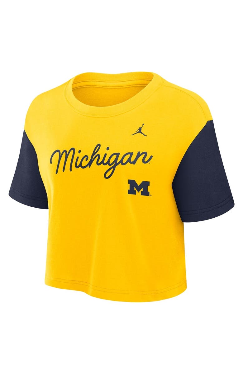 Jordan Brand Women's Jordan Brand Maize/Navy Michigan Wolverines Color-Block Script Dri-FIT Cropped T-Shirt, Alternate, color, Maize