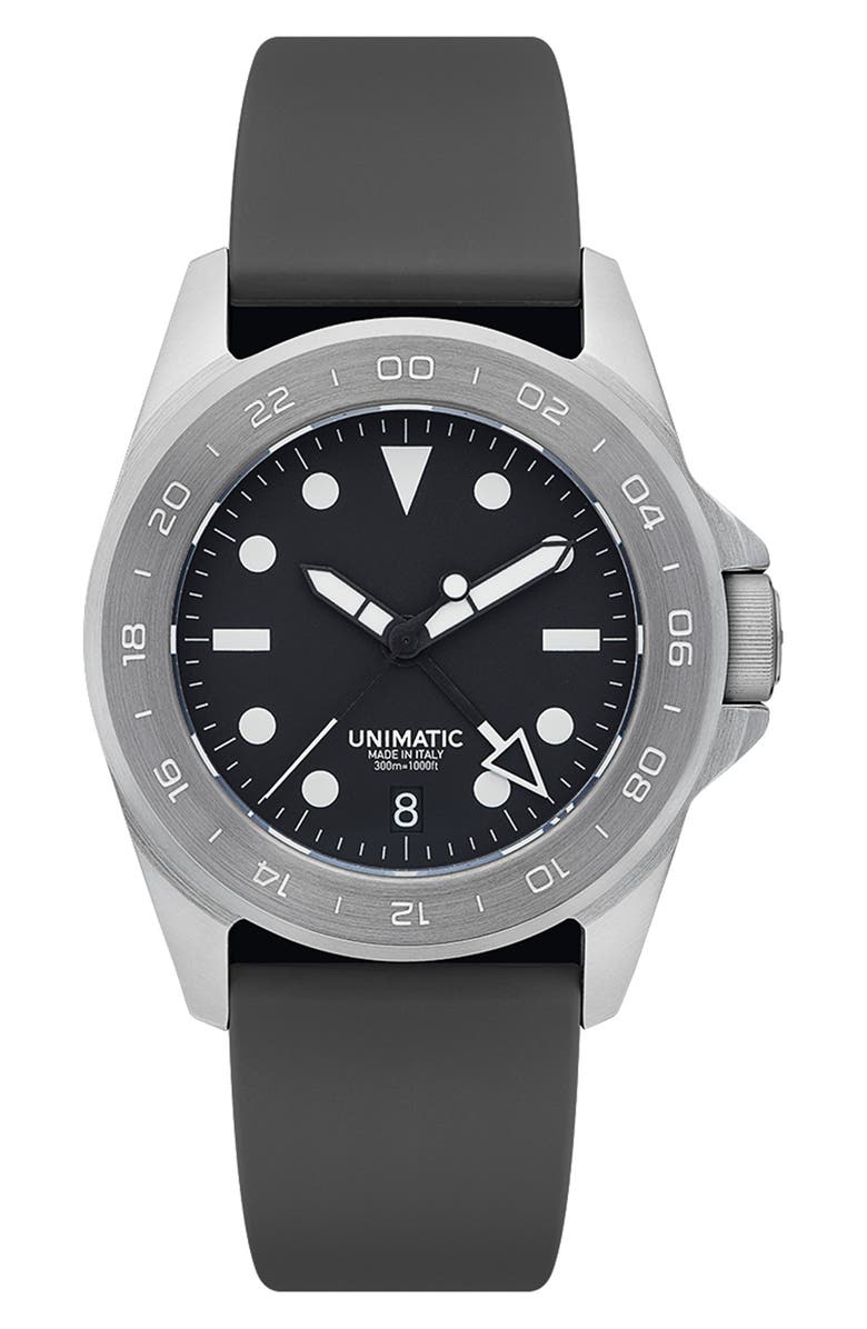 UNIMATIC Modello Quattro Automatic GMT Rubber Strap Diver's Watch, 40mm, Main, color, 