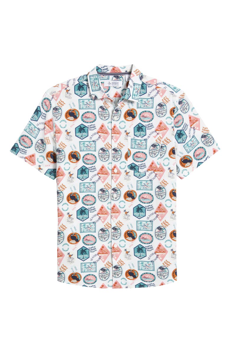 Original Penguin Vacation Print Short Sleeve Button-Up Shirt, Alternate, color,