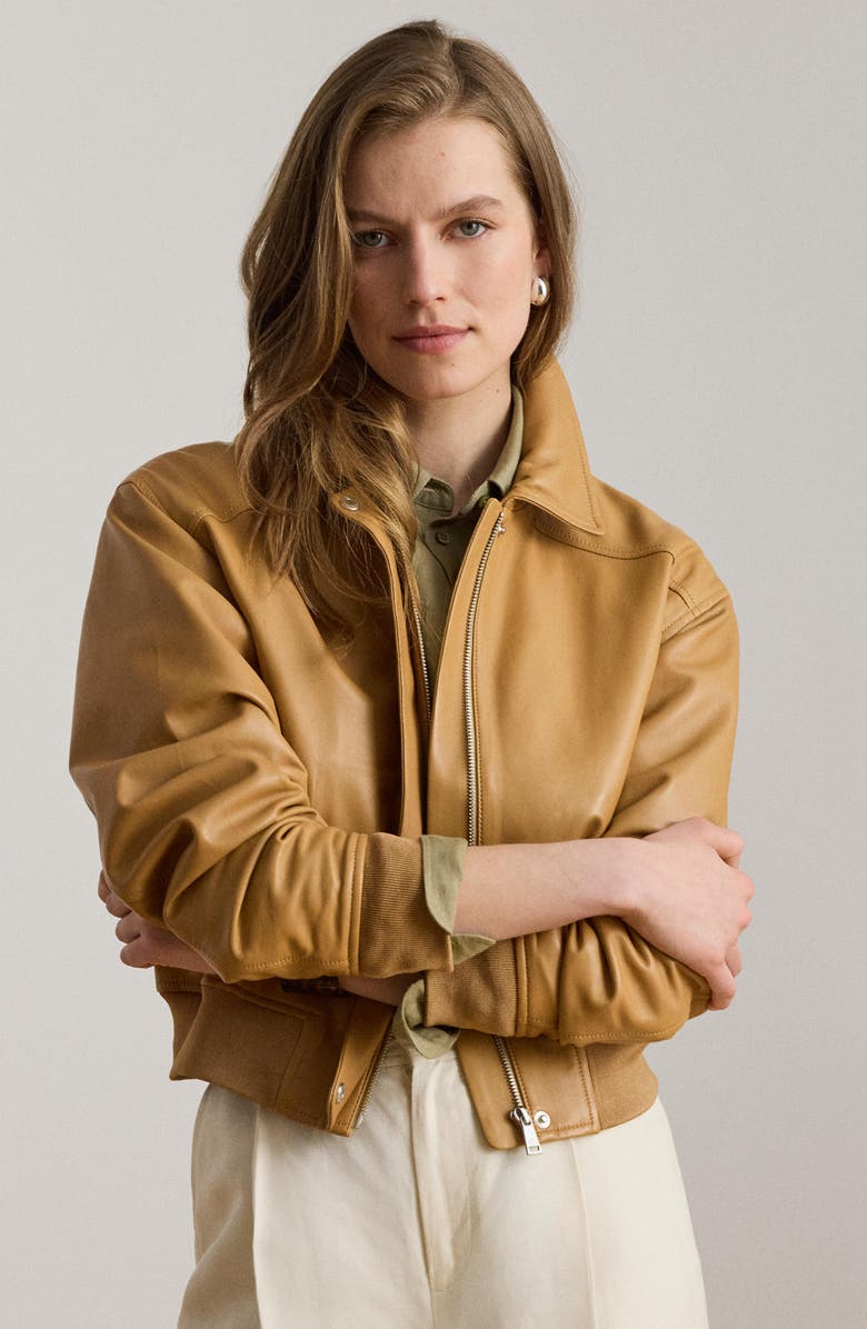 Lauren Ralph Lauren Lambskin Leather Flight Jacket, Alternate, color, Brown