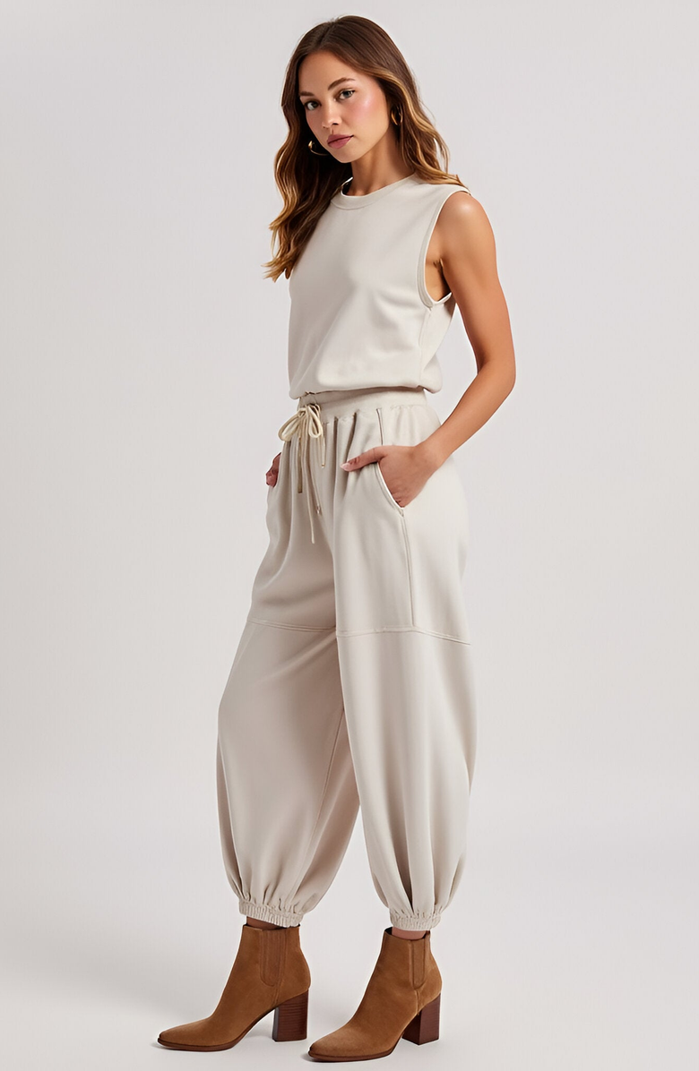 Modenaire Sleeveless Rib Knit Top and High Waist Jogger Set with Drawstring Waist, Alternate, color, 
