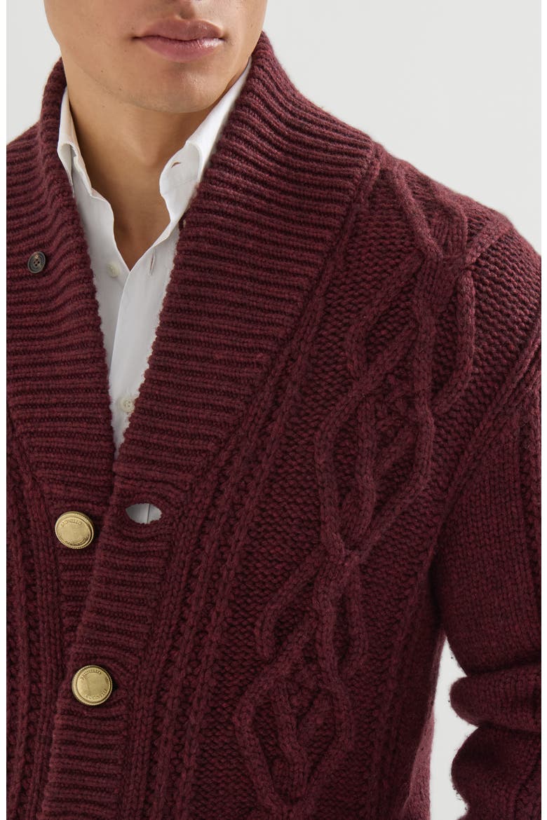 Cashmere Feather yarn cable knit cardigan with metal buttons, Alternate, color, Burgundy