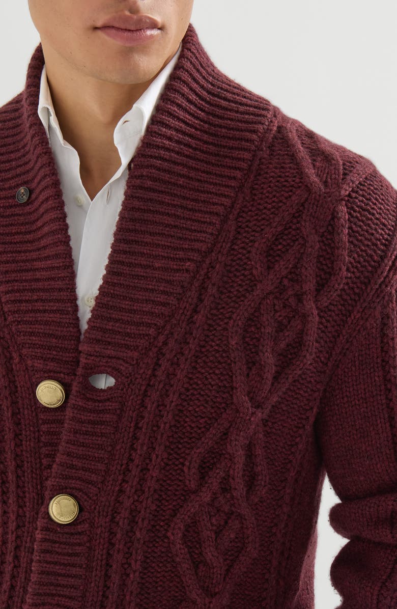 Brunello Cucinelli Cashmere Feather yarn cable knit cardigan with metal buttons, Alternate, color, Burgundy