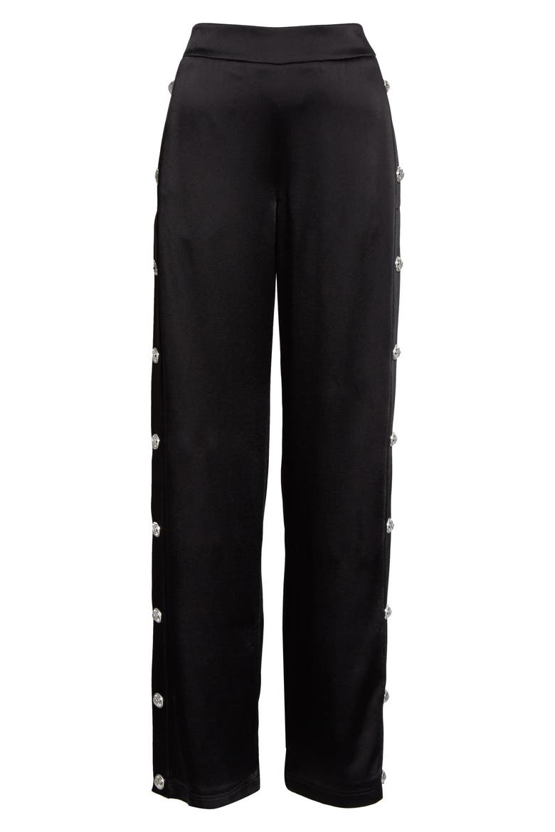 Side Button High Waist Satin Track Pants, Alternate, color, NOIR