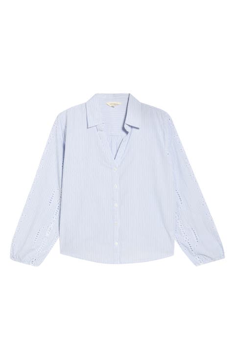 Cutwork Detail Stripe Cotton Button-Up Shirt