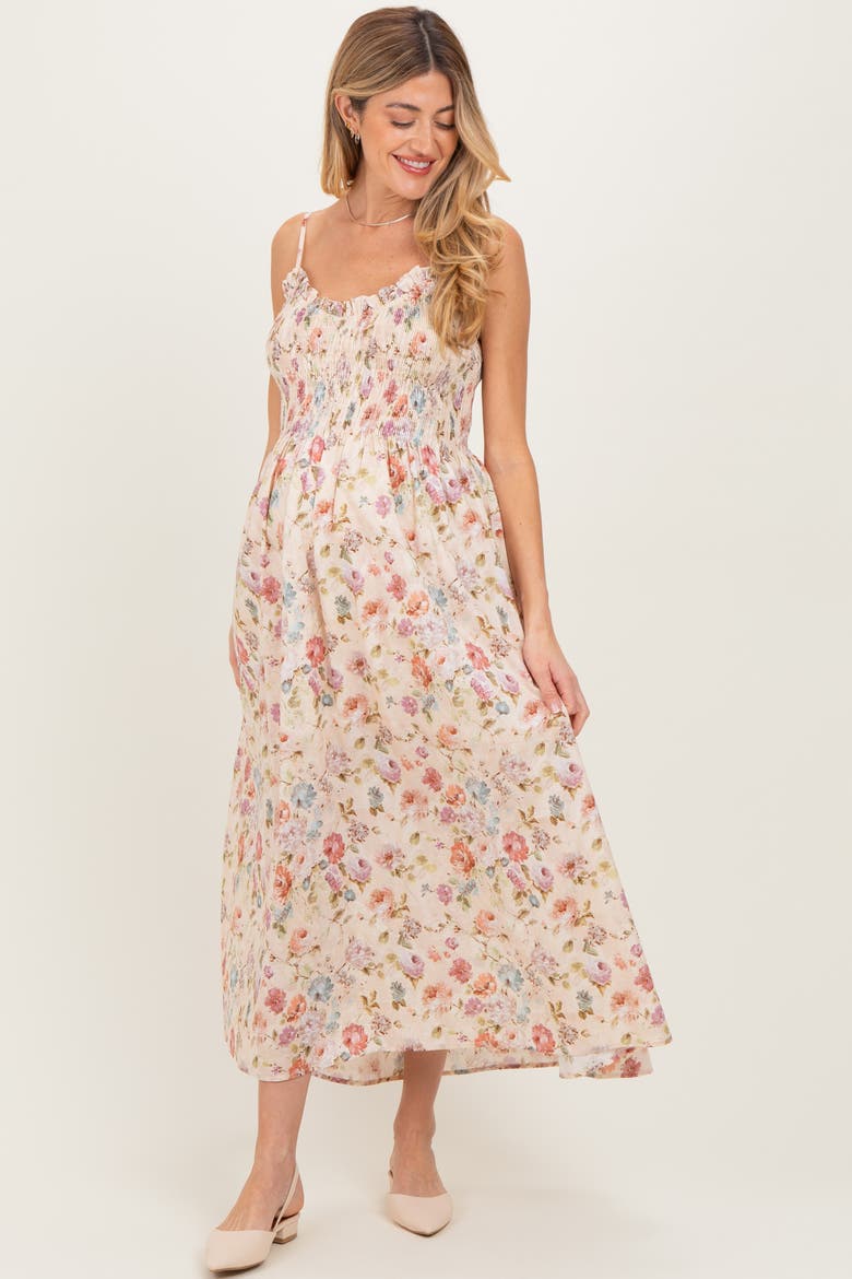 Floral Smocked Ruffle Detail Midi Dress, Alternate, color, Cream